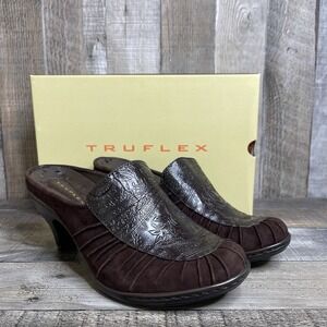 NIB Truflex Mandy Brown Paisley Leather Comfort Backless Mules Heels Size 7 M